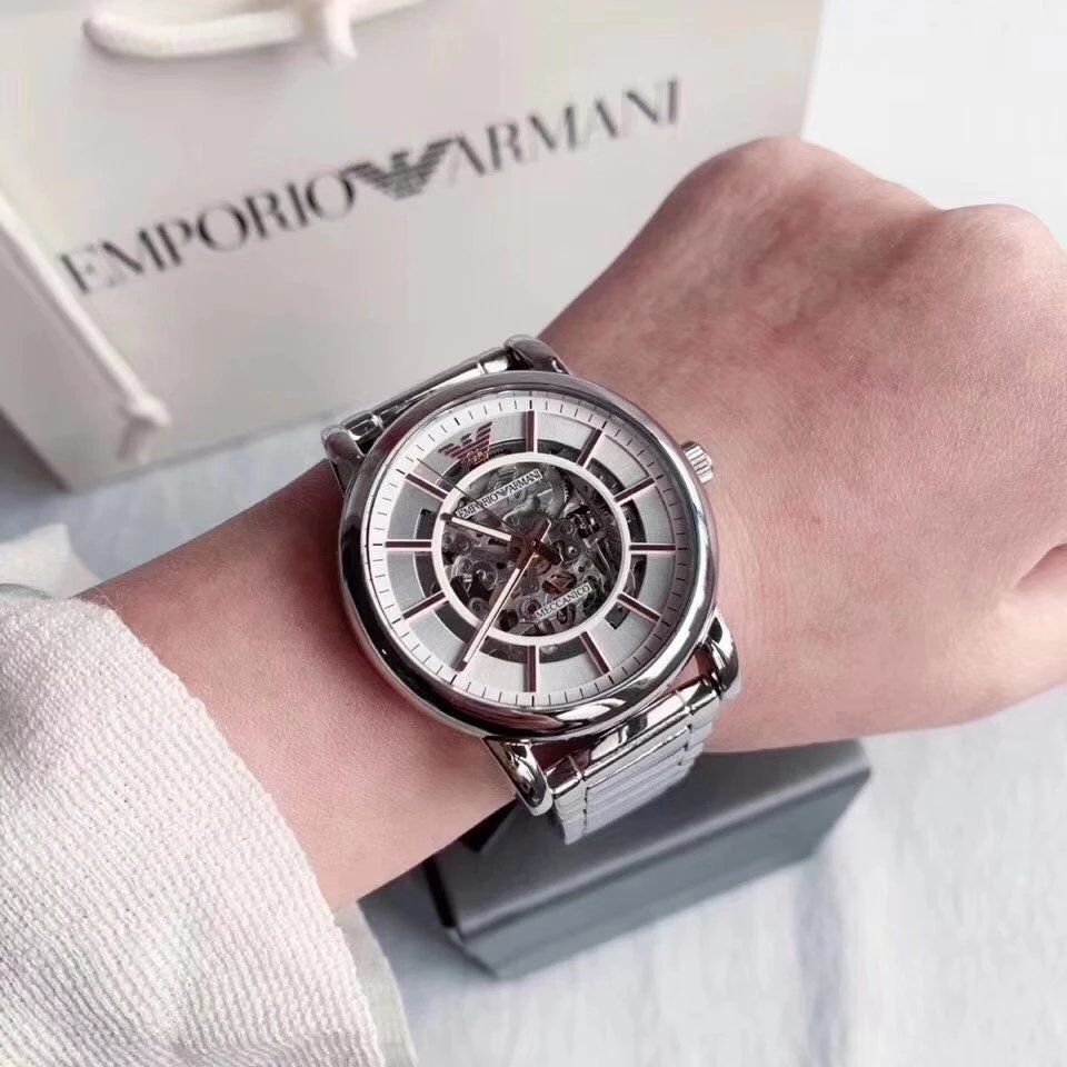 Armani手錶 亞曼尼男士手錶 鏤空全自動機械錶 時尚潮流男生腕錶 商務休閒男錶 休閒百搭銀色鋼鏈錶AR1980-細節圖2
