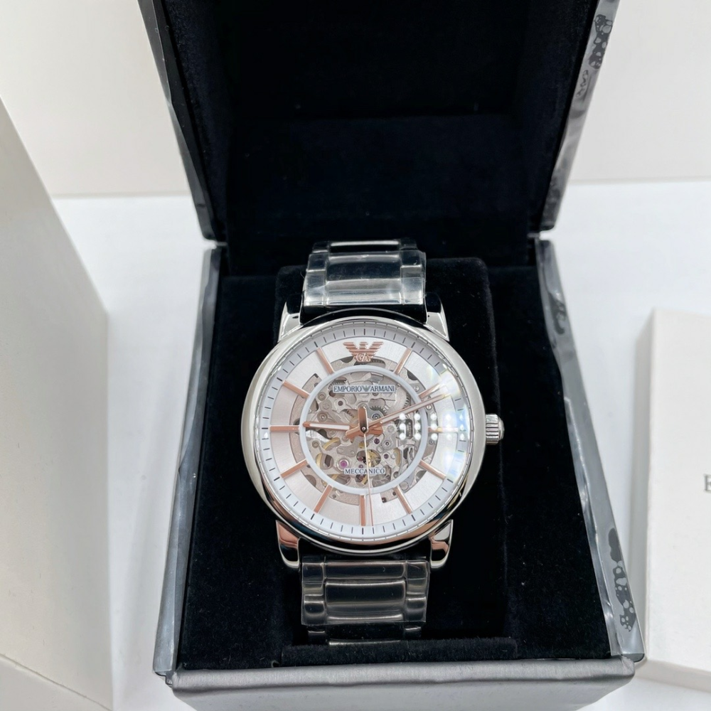 Armani手錶 亞曼尼男士手錶 鏤空全自動機械錶 時尚潮流男生腕錶 商務休閒男錶 休閒百搭銀色鋼鏈錶AR1980-細節圖3