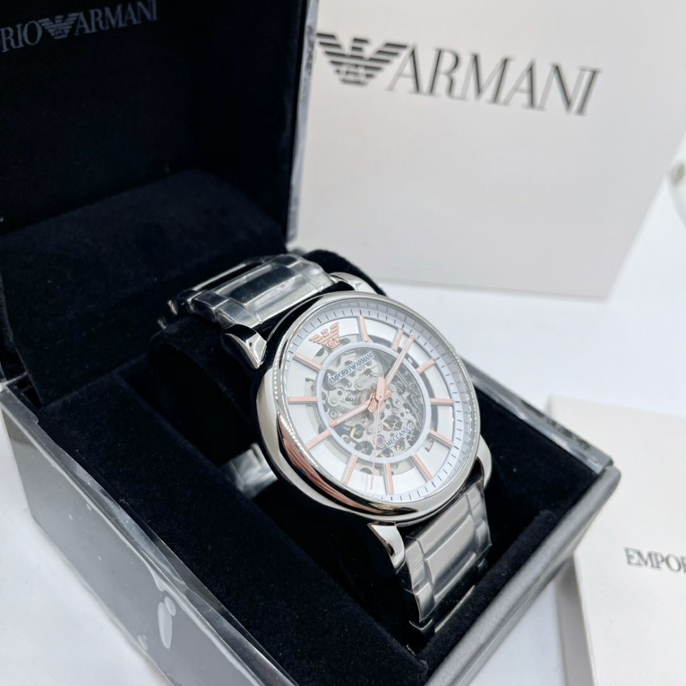 Armani手錶 亞曼尼男士手錶 鏤空全自動機械錶 時尚潮流男生腕錶 商務休閒男錶 休閒百搭銀色鋼鏈錶AR1980-細節圖5