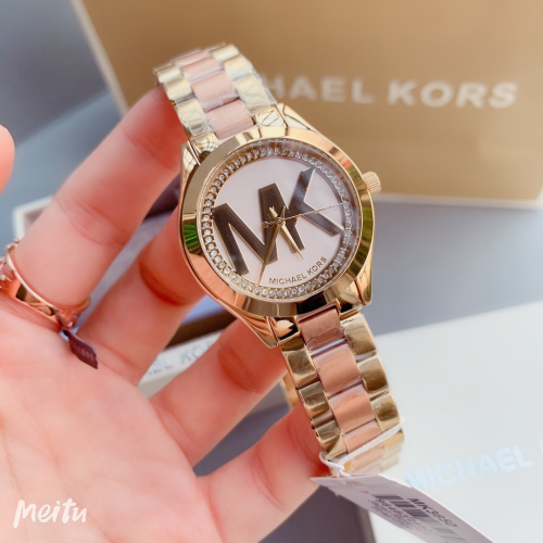 Michael Kors手錶 MK手錶 玫瑰金色鋼鏈錶 鑲鑽時尚女錶 MK大LOGO石英錶 精美百搭女生腕錶MK3650