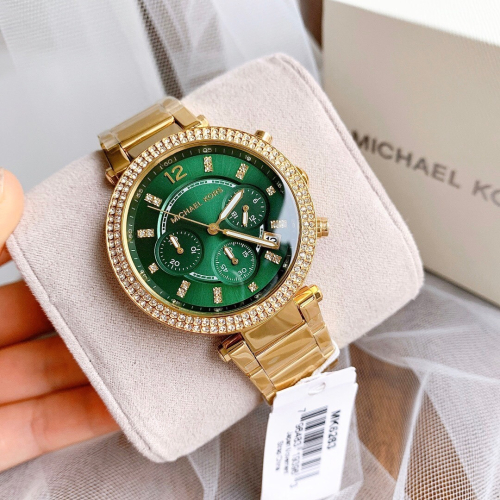 代購MICHAEL KORS手錶女生 MK6263金色綠面鋼鏈錶 三眼計時日曆石英錶 MK手錶 鑲鑽時尚女錶 學生腕錶女