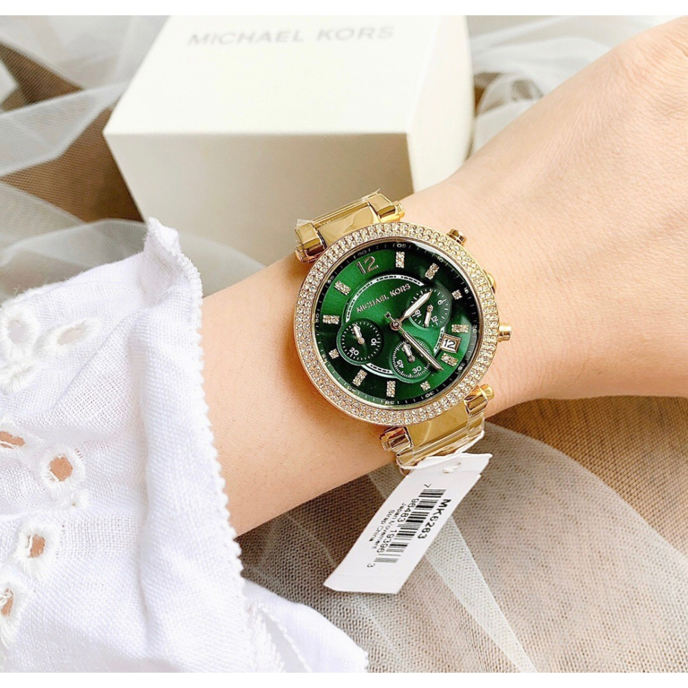 代購MICHAEL KORS手錶女生 MK6263金色綠面鋼鏈錶 三眼計時日曆石英錶 MK手錶 鑲鑽時尚女錶 學生腕錶女-細節圖2