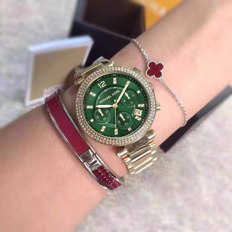 代購MICHAEL KORS手錶女生 MK6263金色綠面鋼鏈錶 三眼計時日曆石英錶 MK手錶 鑲鑽時尚女錶 學生腕錶女-細節圖3