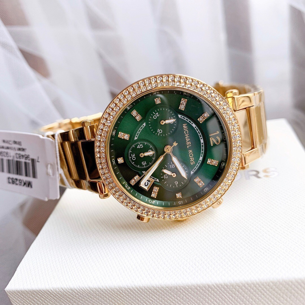代購MICHAEL KORS手錶女生 MK6263金色綠面鋼鏈錶 三眼計時日曆石英錶 MK手錶 鑲鑽時尚女錶 學生腕錶女-細節圖4