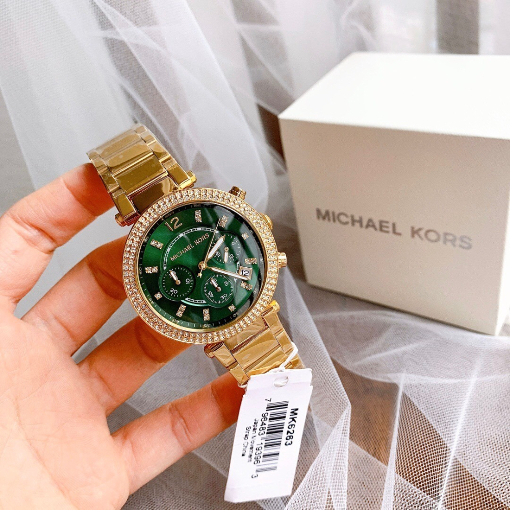 代購MICHAEL KORS手錶女生 MK6263金色綠面鋼鏈錶 三眼計時日曆石英錶 MK手錶 鑲鑽時尚女錶 學生腕錶女-細節圖5