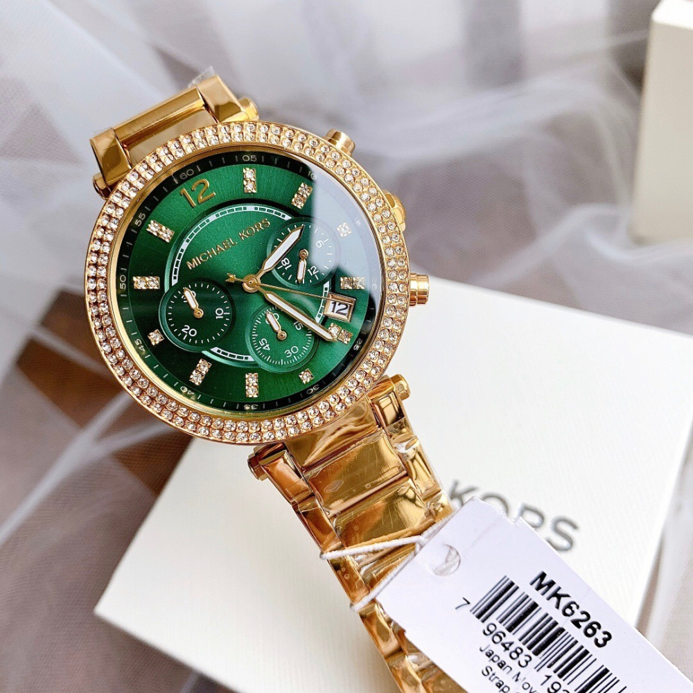 代購MICHAEL KORS手錶女生 MK6263金色綠面鋼鏈錶 三眼計時日曆石英錶 MK手錶 鑲鑽時尚女錶 學生腕錶女-細節圖7