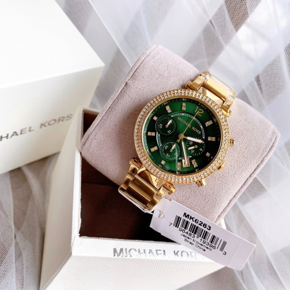 代購MICHAEL KORS手錶女生 MK6263金色綠面鋼鏈錶 三眼計時日曆石英錶 MK手錶 鑲鑽時尚女錶 學生腕錶女-細節圖8