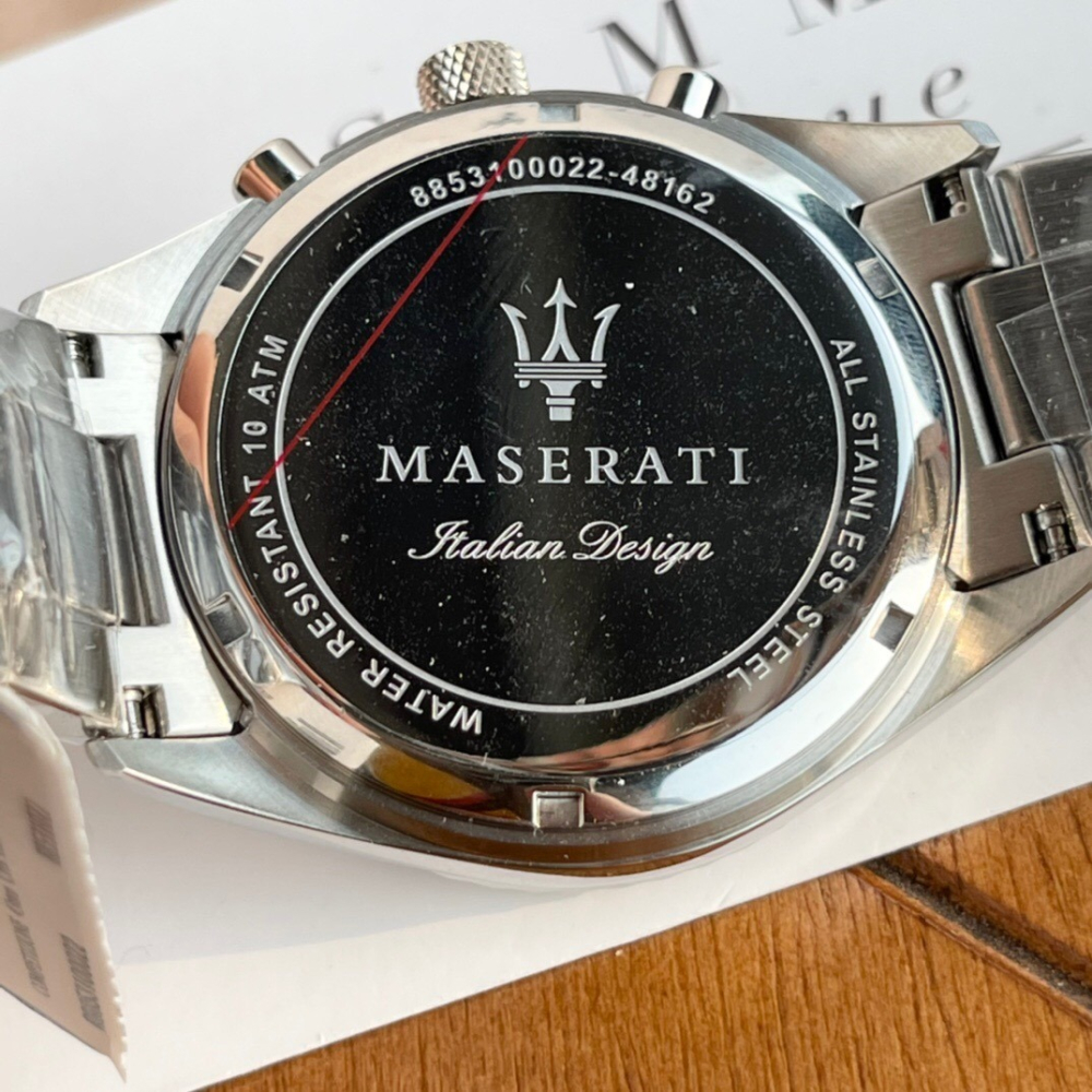 瑪莎拉蒂MASERATI手錶男士 三眼計時日曆石英錶 銀色黑面鋼鏈錶 時尚潮流男生腕錶 學生手錶男R8853100022-細節圖9
