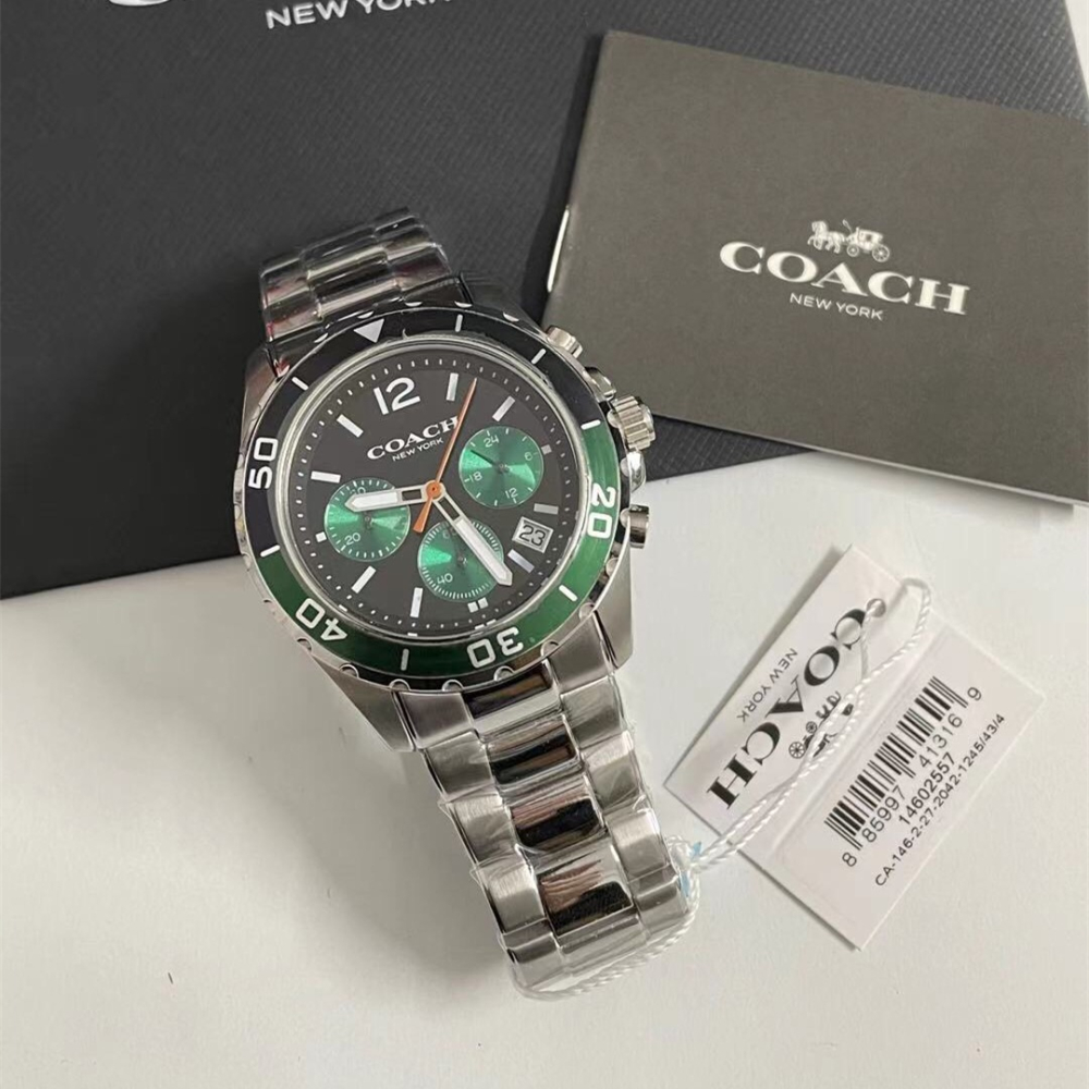 COACH手錶 新品蔻馳手錶男生 KENT系列三眼計時多功能男錶 綠精靈水鬼手錶 大直徑日曆男款鋼鏈錶 商務休閒運動男錶-細節圖2