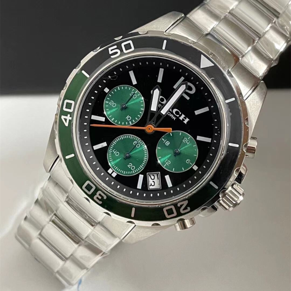 COACH手錶 新品蔻馳手錶男生 KENT系列三眼計時多功能男錶 綠精靈水鬼手錶 大直徑日曆男款鋼鏈錶 商務休閒運動男錶-細節圖3