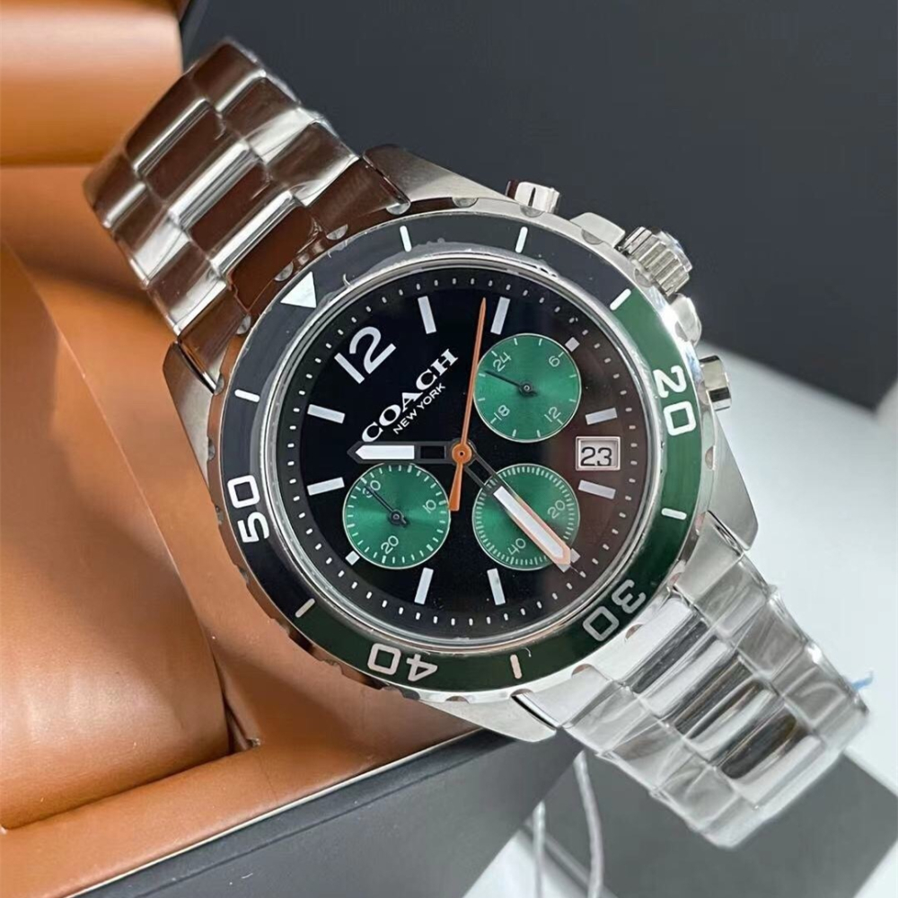 COACH手錶 新品蔻馳手錶男生 KENT系列三眼計時多功能男錶 綠精靈水鬼手錶 大直徑日曆男款鋼鏈錶 商務休閒運動男錶-細節圖4