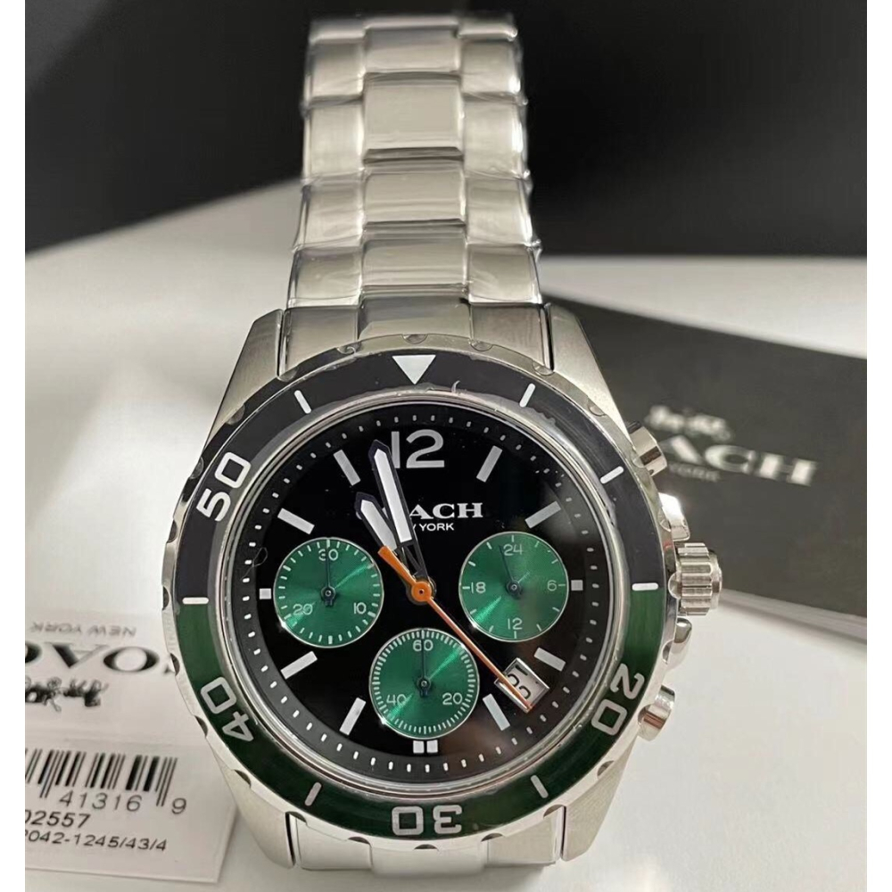 COACH手錶 新品蔻馳手錶男生 KENT系列三眼計時多功能男錶 綠精靈水鬼手錶 大直徑日曆男款鋼鏈錶 商務休閒運動男錶-細節圖5
