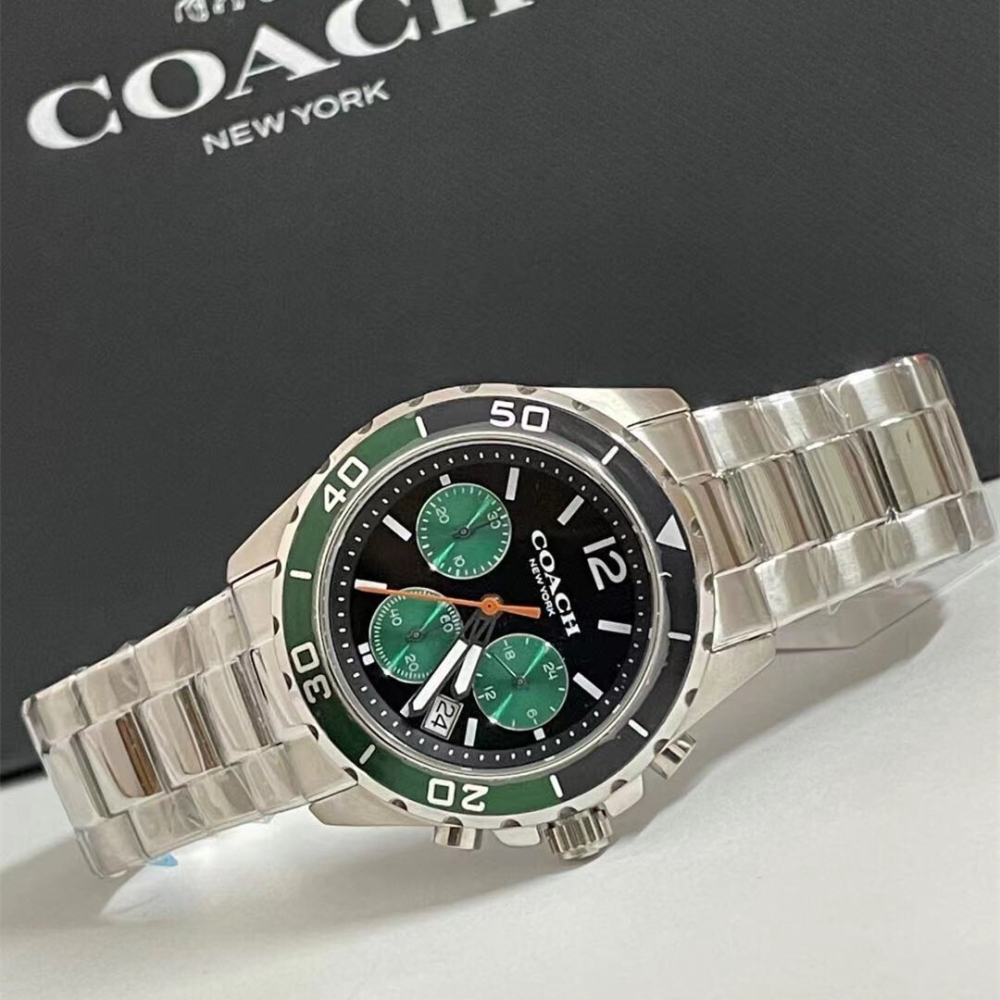 COACH手錶 新品蔻馳手錶男生 KENT系列三眼計時多功能男錶 綠精靈水鬼手錶 大直徑日曆男款鋼鏈錶 商務休閒運動男錶-細節圖6