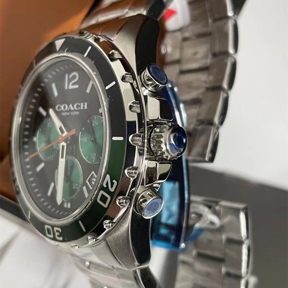 COACH手錶 新品蔻馳手錶男生 KENT系列三眼計時多功能男錶 綠精靈水鬼手錶 大直徑日曆男款鋼鏈錶 商務休閒運動男錶-細節圖7