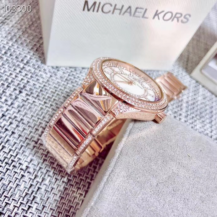 MICHAEL KORS手錶 MK手錶女生 玫瑰金色鋼鏈錶 貝母面鑲鑽女錶 時尚潮流女生腕錶 休閒百搭石英錶MK3313-細節圖8