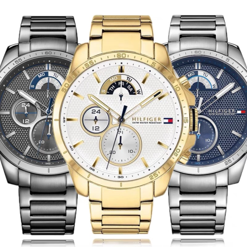 Tommy hilfiger手錶 湯米手錶男生 46mm大直徑男錶 三眼計時鋼鏈錶 商務休閒腕錶 時尚潮流石英錶