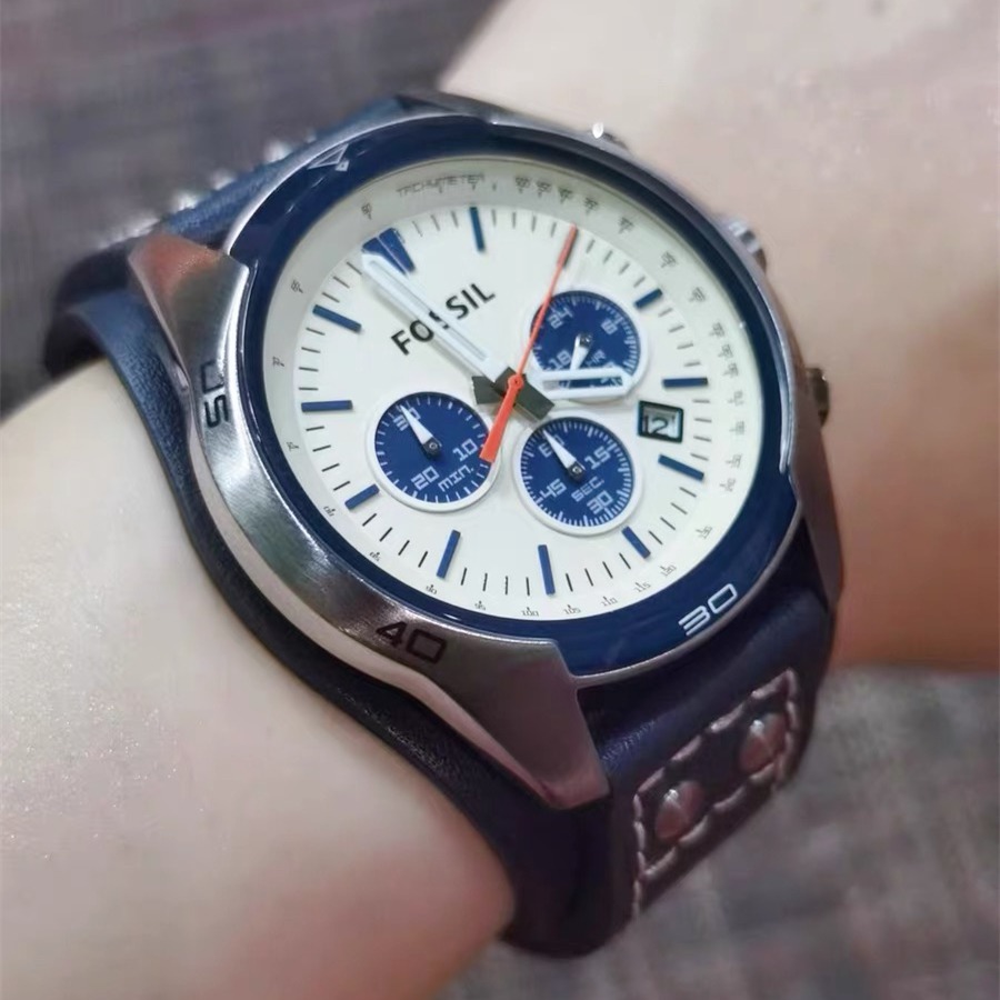 FOSSIL手錶 英倫風三眼計時日曆石英錶 大直徑休閒皮帶錶 富思手錶男 商務通勤時尚男錶 學生腕錶CH2565-細節圖2