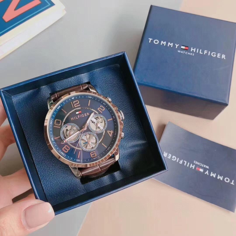 Tommy Hilfiger手錶 咖色藍面皮帶錶 商務休閒男錶 大直徑石英錶 三眼計時手錶 時尚潮流學生手錶男17912-細節圖3