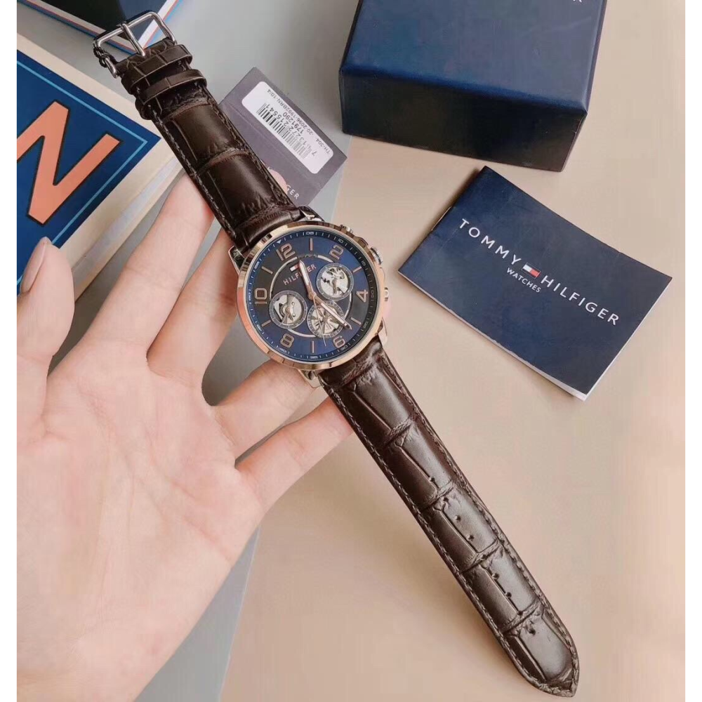Tommy Hilfiger手錶 咖色藍面皮帶錶 商務休閒男錶 大直徑石英錶 三眼計時手錶 時尚潮流學生手錶男17912-細節圖7
