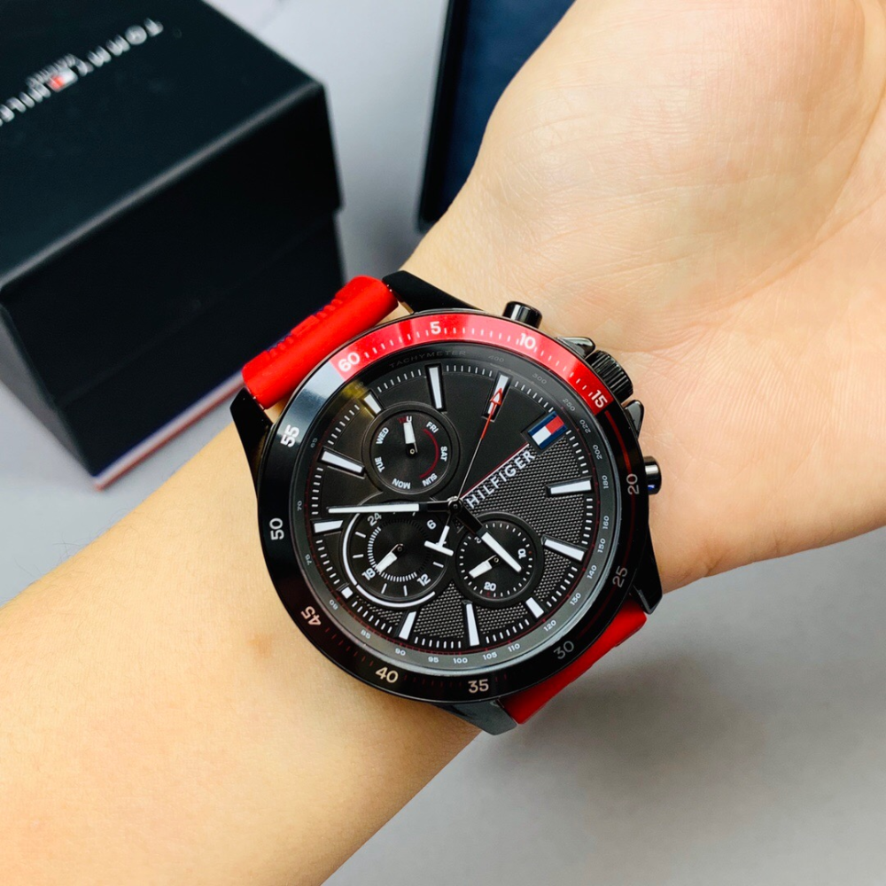 Tommy Hilfiger手錶 湯米手錶男生 三眼計時紅色橡膠錶帶石英錶 歐美時尚潮流男錶 休閒運動腕錶男-細節圖2