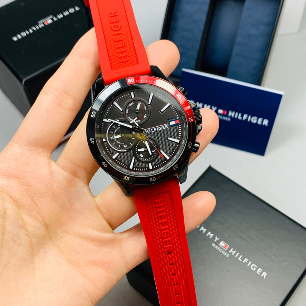 Tommy Hilfiger手錶 湯米手錶男生 三眼計時紅色橡膠錶帶石英錶 歐美時尚潮流男錶 休閒運動腕錶男-細節圖3