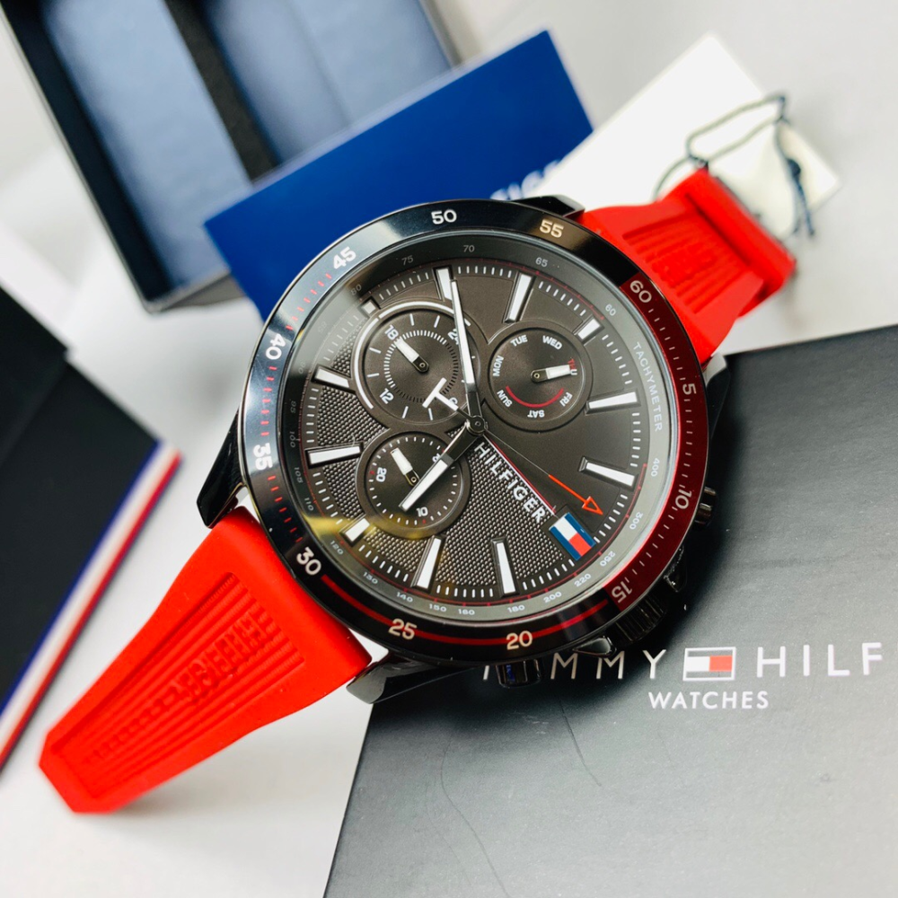 Tommy Hilfiger手錶 湯米手錶男生 三眼計時紅色橡膠錶帶石英錶 歐美時尚潮流男錶 休閒運動腕錶男-細節圖5