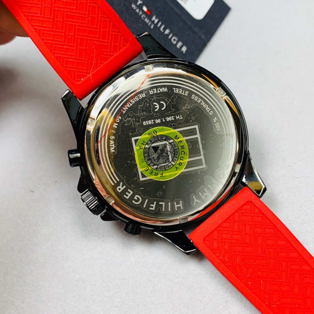 Tommy Hilfiger手錶 湯米手錶男生 三眼計時紅色橡膠錶帶石英錶 歐美時尚潮流男錶 休閒運動腕錶男-細節圖7