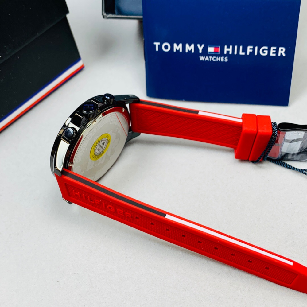 Tommy Hilfiger手錶 湯米手錶男生 三眼計時紅色橡膠錶帶石英錶 歐美時尚潮流男錶 休閒運動腕錶男-細節圖8