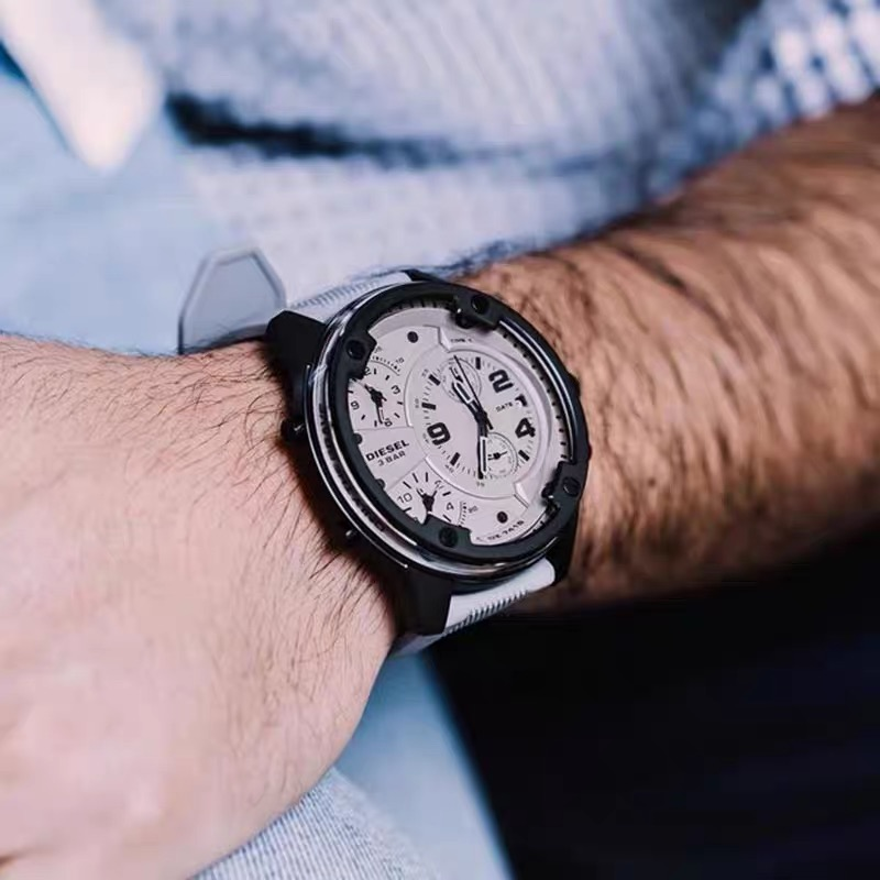 DIESEL迪賽手錶 灰色56mm大錶盤男錶 歐美時尚潮流石英錶 多時區計時日曆男生腕錶 商務休閒橡膠錶帶手錶DZ741-細節圖2