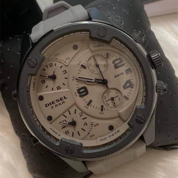 DIESEL迪賽手錶 灰色56mm大錶盤男錶 歐美時尚潮流石英錶 多時區計時日曆男生腕錶 商務休閒橡膠錶帶手錶DZ741-細節圖5