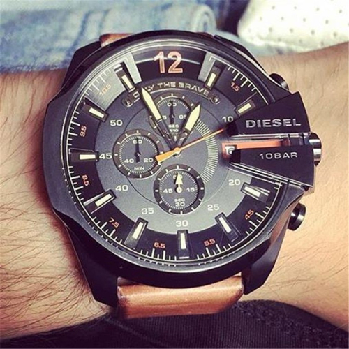 Diesel迪賽手錶 Mega Chief 男士計時大錶盤石英錶 歐美時尚潮流棕色皮帶防水男錶腕錶DZ4343
