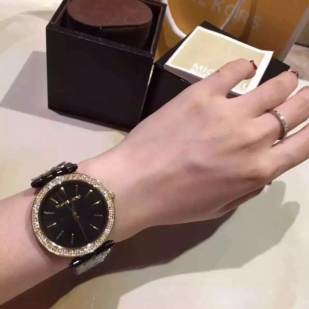 Michael Kors MK手錶 MK3322 黑金色鑲鑽簡約時尚潮流百搭女錶 不鏽鋼鏈石英錶 超薄錶盤 黑色鋼帶錶女-細節圖2