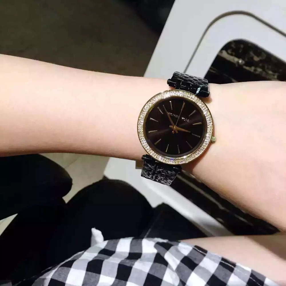 Michael Kors MK手錶 MK3322 黑金色鑲鑽簡約時尚潮流百搭女錶 不鏽鋼鏈石英錶 超薄錶盤 黑色鋼帶錶女-細節圖3