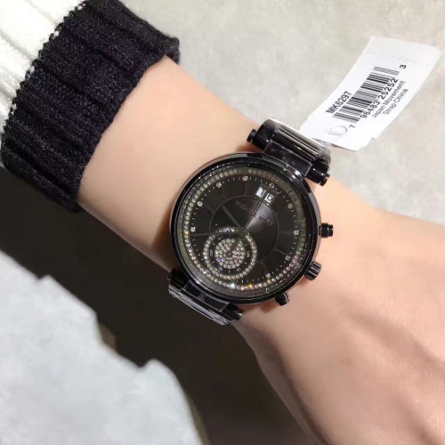 Michael Kors手錶 MK手錶 女生手錶 38mm雙日曆防水石英錶 黑色鑲鑽奢華時尚百搭女錶 MK6297