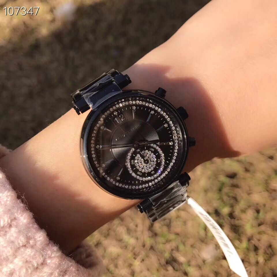 Michael Kors手錶 MK手錶 女生手錶 38mm雙日曆防水石英錶 黑色鑲鑽奢華時尚百搭女錶 MK6297-細節圖2