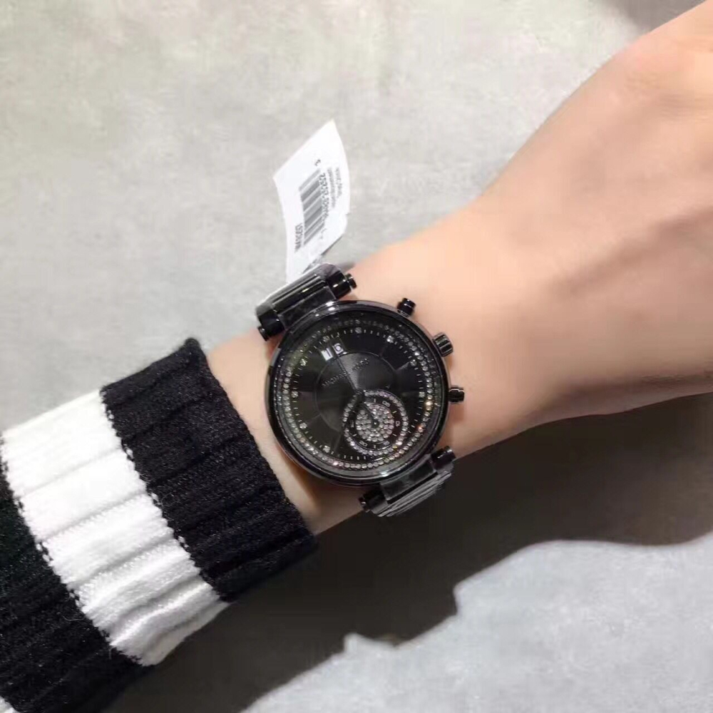 Michael Kors手錶 MK手錶 女生手錶 38mm雙日曆防水石英錶 黑色鑲鑽奢華時尚百搭女錶 MK6297-細節圖3
