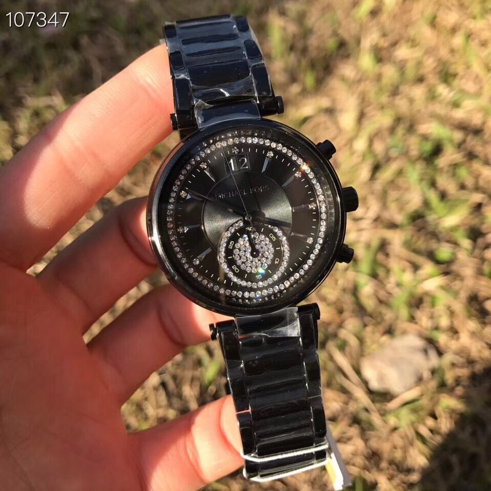 Michael Kors手錶 MK手錶 女生手錶 38mm雙日曆防水石英錶 黑色鑲鑽奢華時尚百搭女錶 MK6297-細節圖4