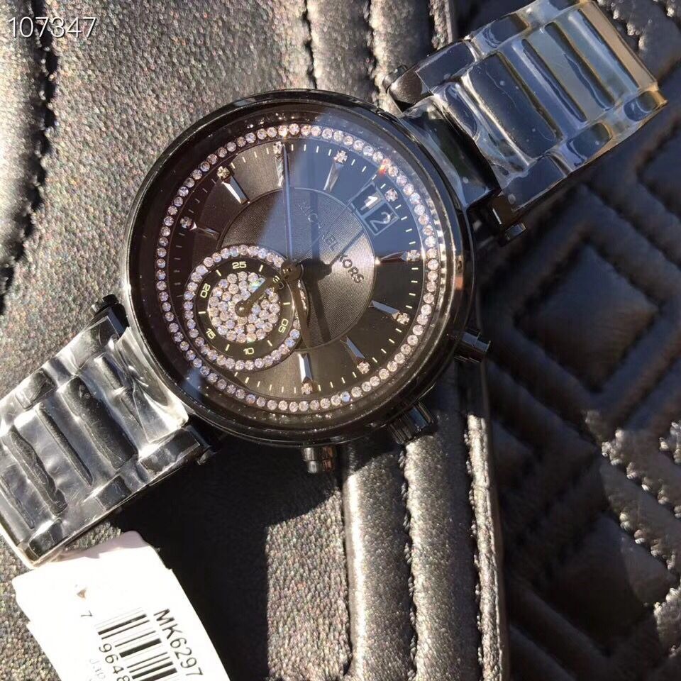 Michael Kors手錶 MK手錶 女生手錶 38mm雙日曆防水石英錶 黑色鑲鑽奢華時尚百搭女錶 MK6297-細節圖5