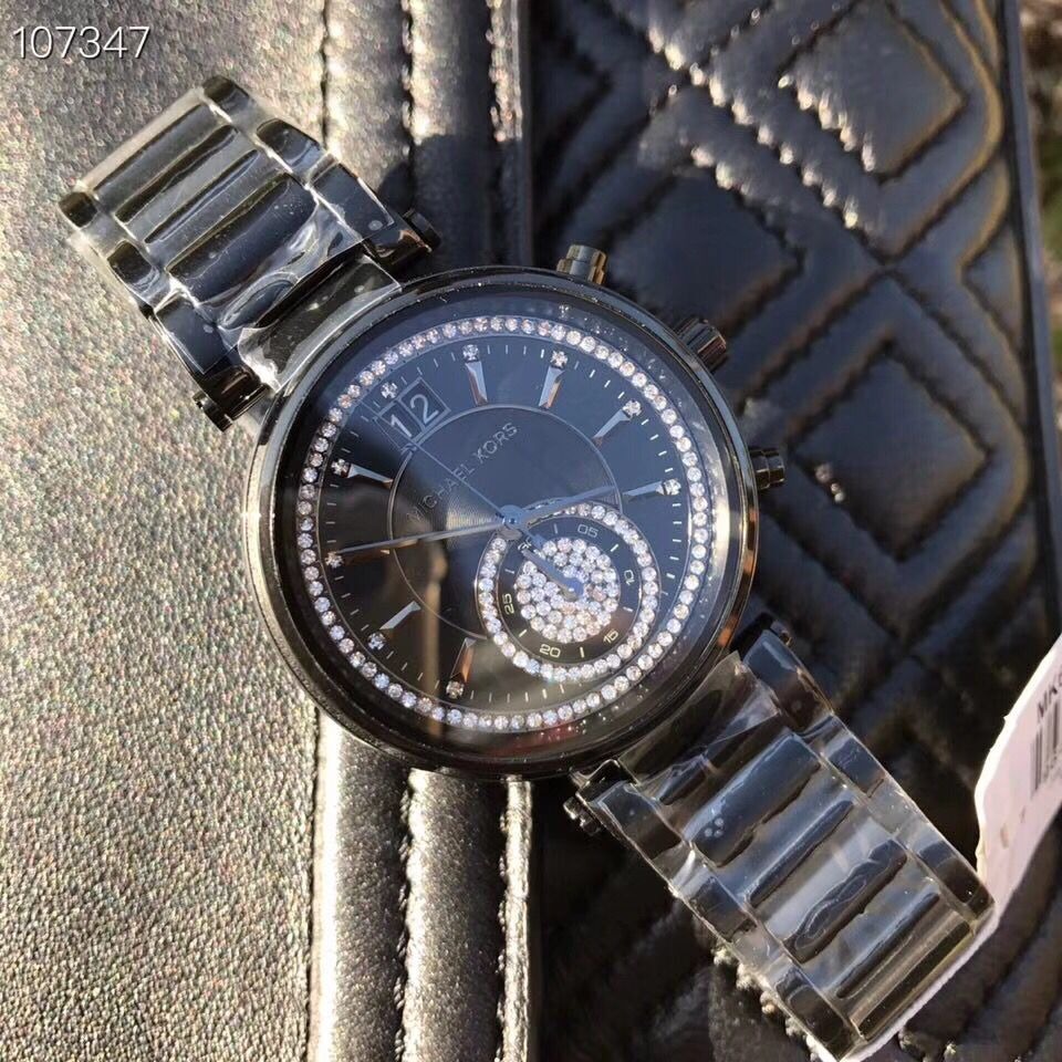 Michael Kors手錶 MK手錶 女生手錶 38mm雙日曆防水石英錶 黑色鑲鑽奢華時尚百搭女錶 MK6297-細節圖6