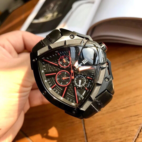 Lamborghini手錶 蘭博基尼手錶 異形藍寶石鏡面 日曆防水計時黑色皮帶男錶 時尚潮流高端腕錶大錶盤46mm