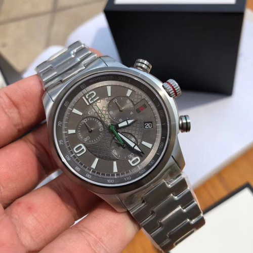 Gucci古馳手錶 G-Timeless系列 三眼計時功能鋼鏈日曆石英錶 銀色灰面商務休閒防水男士腕錶YA126248