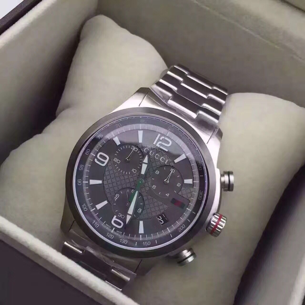 Gucci古馳手錶 G-Timeless系列 三眼計時功能鋼鏈日曆石英錶 銀色灰面商務休閒防水男士腕錶YA126248-細節圖4