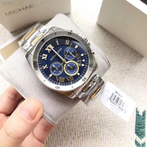 Michael Kors手錶 MK手錶 大直徑手錶男 石英錶43mm 金間銀色藍面三眼計時男錶 時尚腕錶MK8437