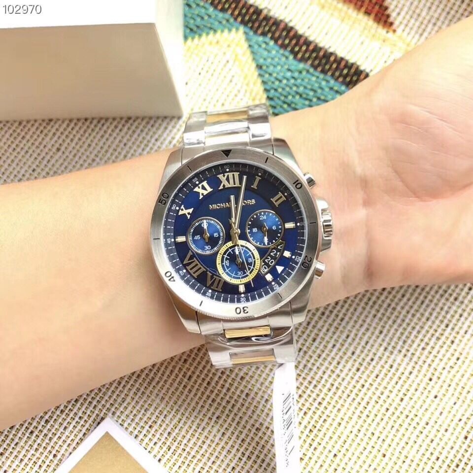 Michael Kors手錶 MK手錶 大直徑手錶男 石英錶43mm 金間銀色藍面三眼計時男錶 時尚腕錶MK8437-細節圖2