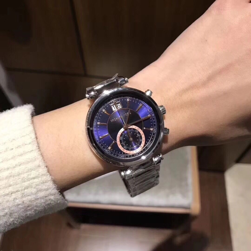 MICHAEL KORS手錶 MK手錶 大直徑手錶女 銀色藍面不鏽鋼鏈石英錶 時尚潮流防水女錶MK6224-細節圖2