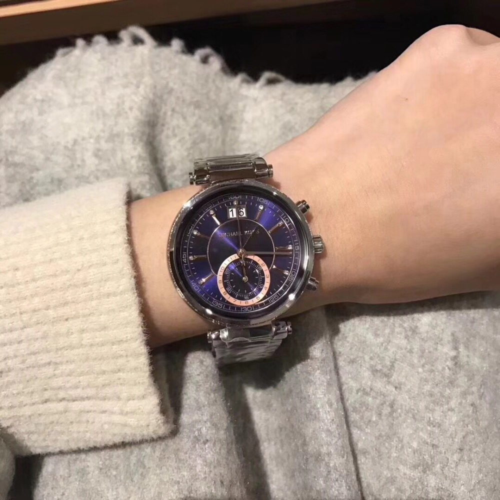 MICHAEL KORS手錶 MK手錶 大直徑手錶女 銀色藍面不鏽鋼鏈石英錶 時尚潮流防水女錶MK6224-細節圖3