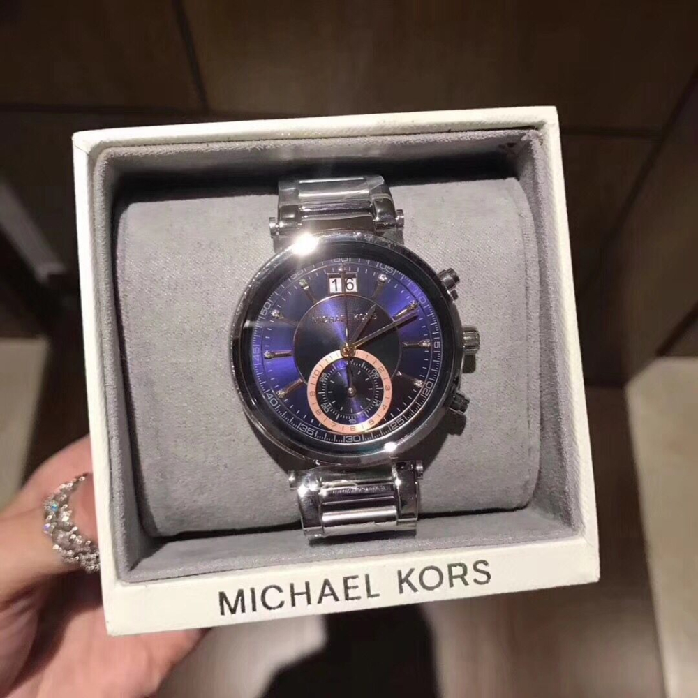 MICHAEL KORS手錶 MK手錶 大直徑手錶女 銀色藍面不鏽鋼鏈石英錶 時尚潮流防水女錶MK6224-細節圖4