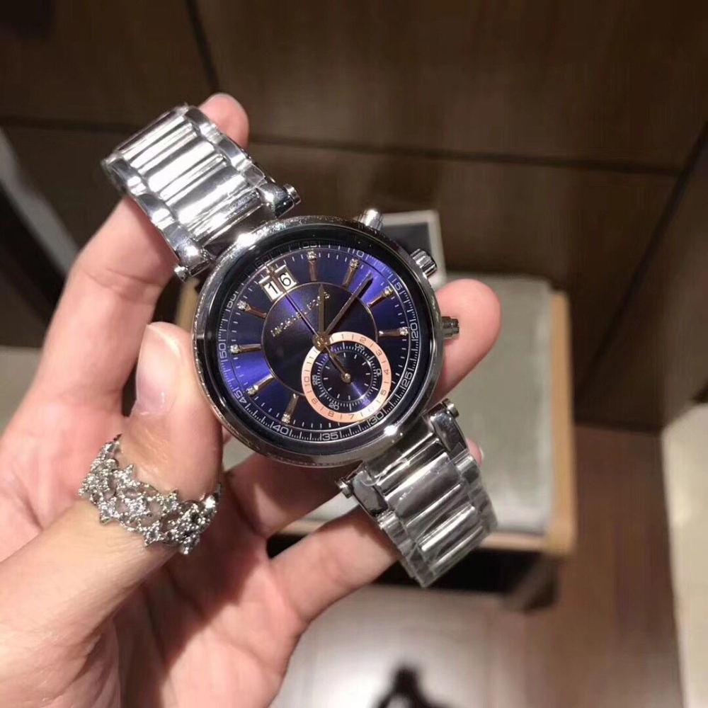 MICHAEL KORS手錶 MK手錶 大直徑手錶女 銀色藍面不鏽鋼鏈石英錶 時尚潮流防水女錶MK6224-細節圖5