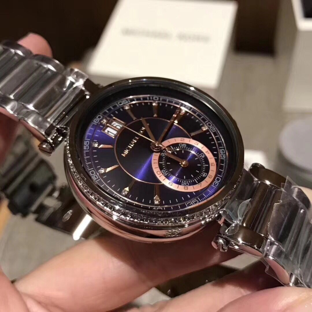 MICHAEL KORS手錶 MK手錶 大直徑手錶女 銀色藍面不鏽鋼鏈石英錶 時尚潮流防水女錶MK6224-細節圖6