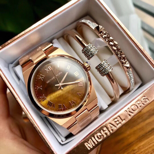Michael Kors手錶 女生腕錶 MK手錶 不鏽鋼鏈玫瑰金色石英錶 歐美時尚百搭女錶MK5895 手鐲手錶套組